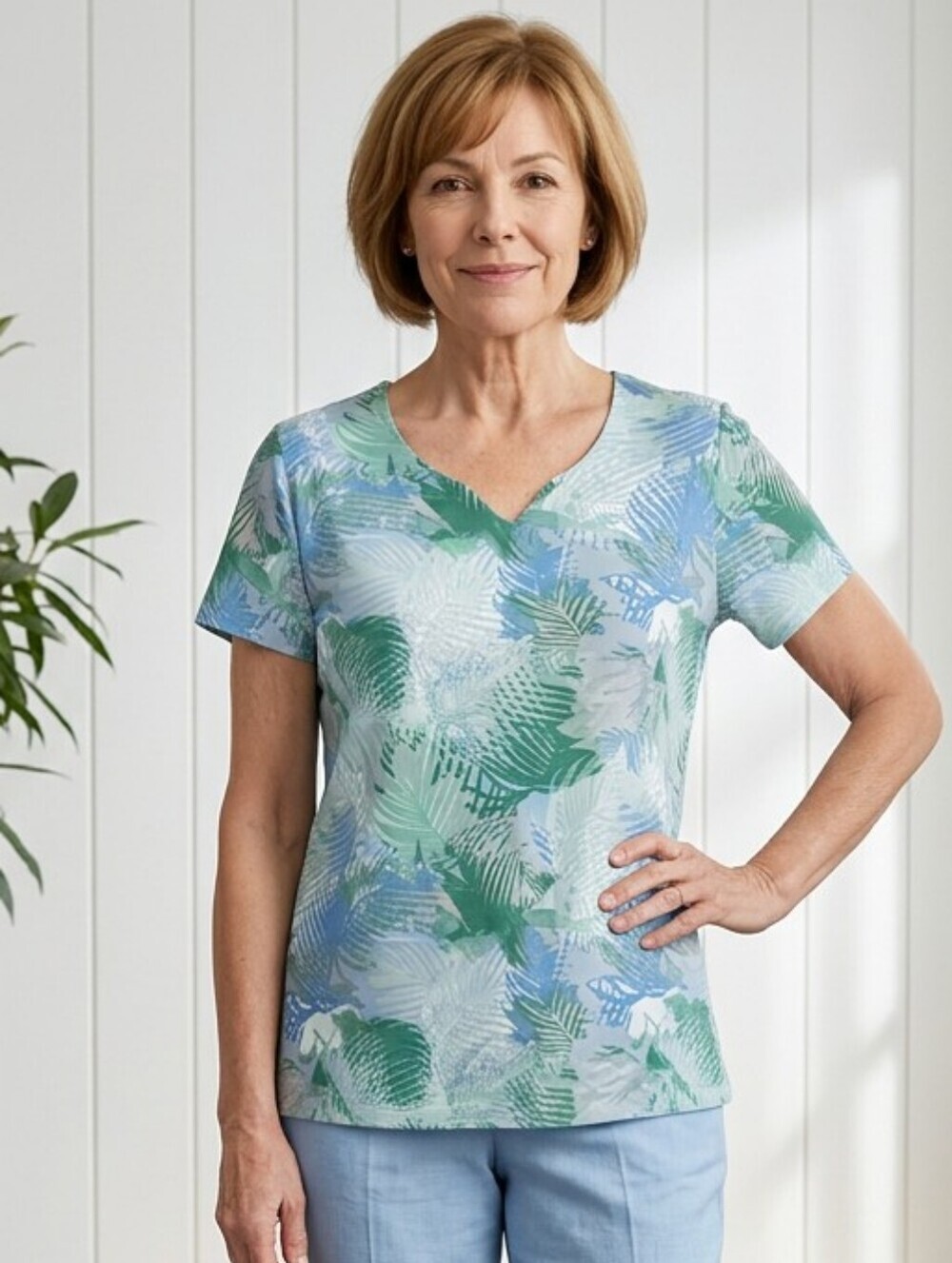 NWT Rebecca Malone Green & Blue Tropical Short-Sleeve Tee SMALL